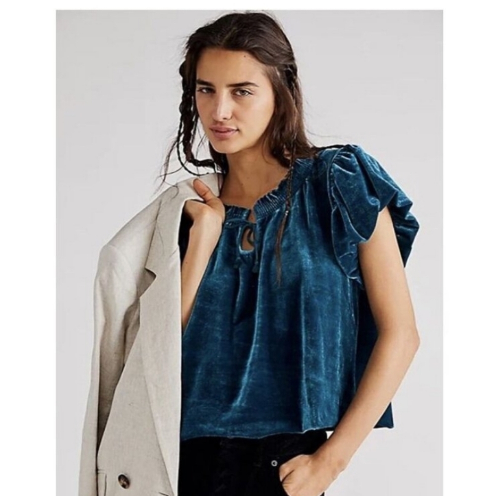 Free People Teal Terese Green Velvet Velour Peasant Top Sz M